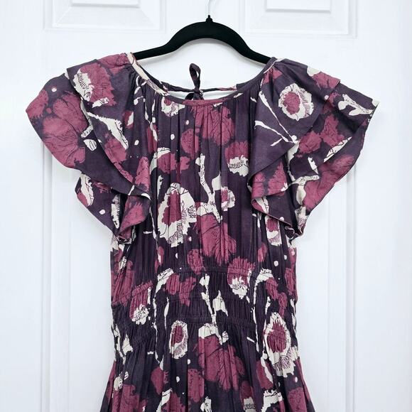 Cleobella Ellison Dress S Purple Floral Print Midi 100% Organic Cotton Smocked - Picture 3 of 12